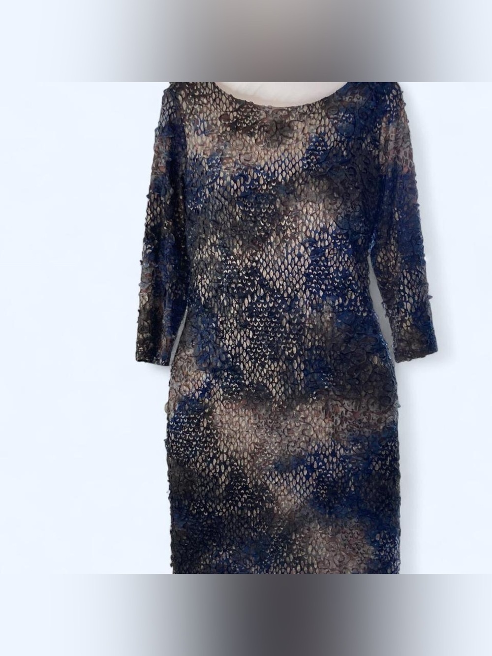Franklyman  blue and brown dress with 3/4 sleeves and open back. Size: 10